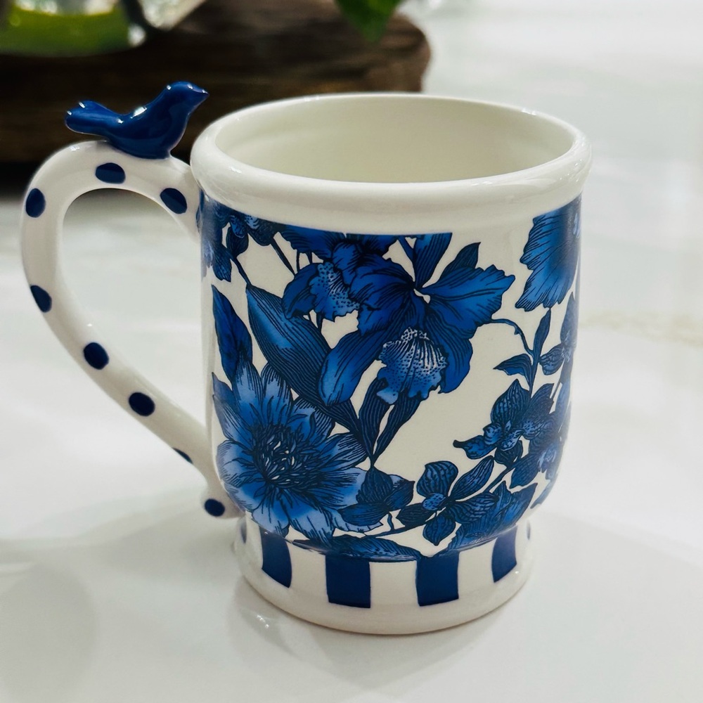 Mackenzie Childs English Garden Bluebird Ceramic Mugs
